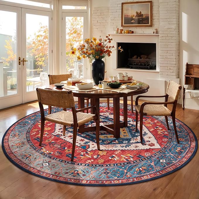 SERISSA Boho Round Area Rug, 5ft Washable Non-Slip Circle Rug, Ultra Soft Oriental Vintage Rust Low-Pile Circular Carpet for Bedroom Entryway Kids Room Office College Dorm Living Room