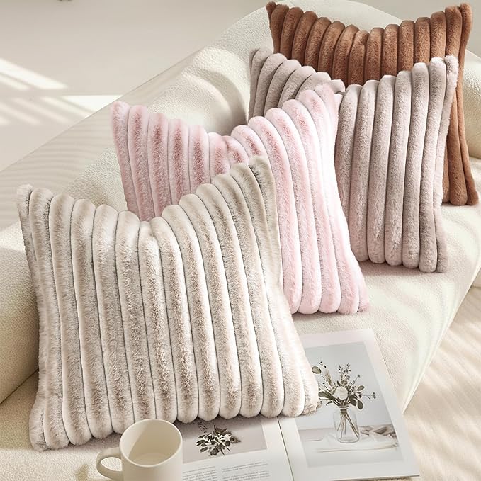 decorUhome Cozy Faux Fur Throw Pillow Covers 22x22 Set of 2 Decorative Soft Plush Striped Modern Farmhouse Boho Couch Euro Sham Pillow Cases with Velvet Back for Sofa Bed Living Roomr, Brown