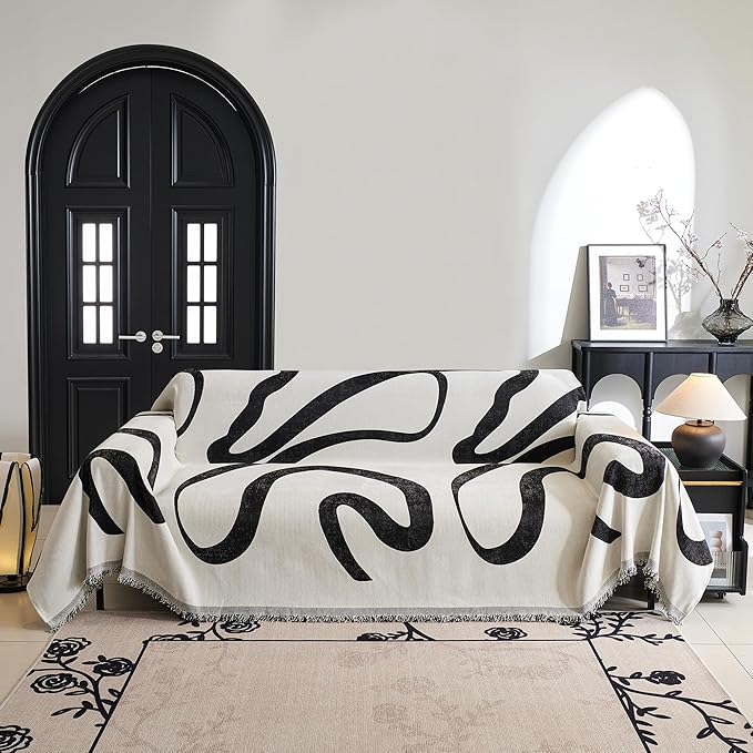 MYSKY HOME Boho Couch Cover Super Soft Couch Covers for 2-3 Cushion Couch Sofa, Modern Black Jacquard Sofa Slipcover Loveseat Futon Cover, Couch Covers for Sectional Sofa, 71" x 118", Black Curve