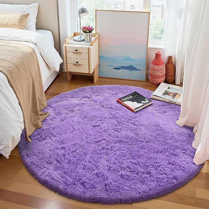 OLANLY Purple Round Rugs for Bedroom - Machine Washable, 6 ft Circle Area Rugs for Living Room, Soft and Fluffy Shaggy Carpet for Teen Girls and Boys, Nursery Rooms, Dorms, Home Decor Aesthetic