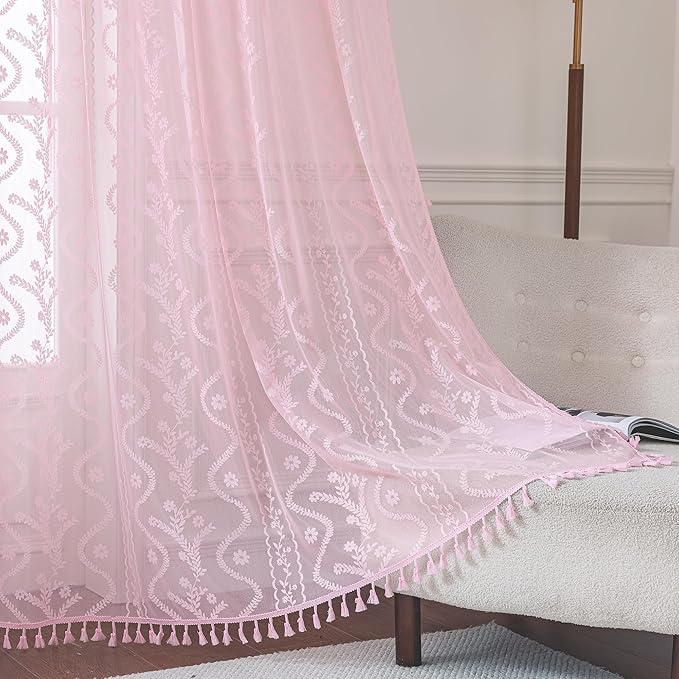 WAZZIO Boho Lace Curtains 63 Inch 2 Panels -Sheer Panel Drape Floral Pattern & Tassel Light Filtering Privacy for Bedroom Dining Living Room,Princess Pink Girl Bedroom Decor,Pale Pink,W52 x 63L