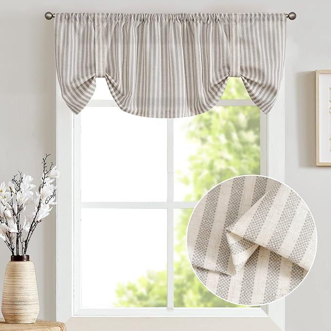 jinchan Tie Up Linen Textured Striped Bow Tie Curtain for Kitchen Bathroom Rod Pocket Pinstripe Valance Window Treatments Ticking Stripe Pull Cord Valance 1 Panel 18 Inch Taupe Grey on Linen