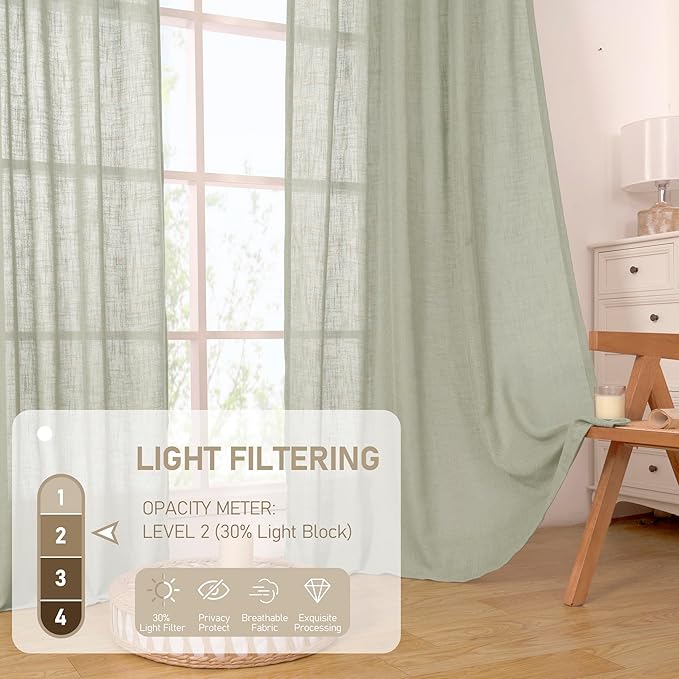 LAMIT Sage Grey Linen Boho Curtains 80 inch Length 2 Panels, Light Filtering Semi Sheer Panels Back Tab and Rod Pocket Neutral Drapes for Bedroom/Living Room, 52 x 80 Inch