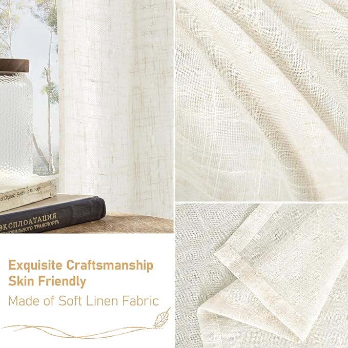 LAMIT Cream Sheer Linen Curtains for Windows 60 Inch Length, Light Filtering Short Drapes Bronze Grommet Neutral Boho Panels for Bedroom/Kitchen, 2 Panels, 34 x 60 Inch