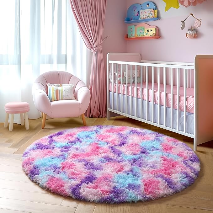 Amdrebio Hot Pink Rainbow Round Circle Area Rug 6Ft for Girls Bedroom, Large Fluffy Cute Fuzzy Colorful Pastel Kids Rugs for Nursery Playroom Classroom, Shag Princess Carpet for Baby Toddler Teen