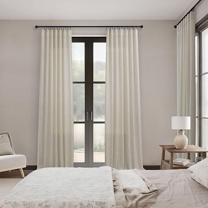 Pitalk Flax Linen Curtains 80 Inches Long for Living Room Semi Sheer Linen Large Drape Extra Wide Beige Light Filtering Curtains for Sliding Patio French Door 2 Panels Back Tab 60x80 Length 5 FT Wide
