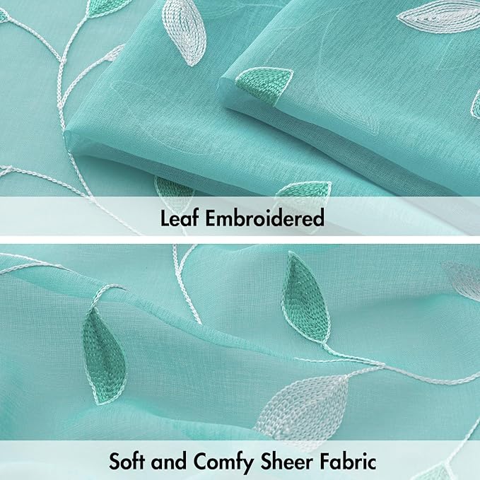 MIULEE Turquoise Sheer Curtains 2 Panels Embroidered Leaf Patterned Rod Pocket Floral Semi Sheer Faux Linen Window Curtains Drapes Set for Living Room Bedroom Dining Room, 52x84 Inches Long