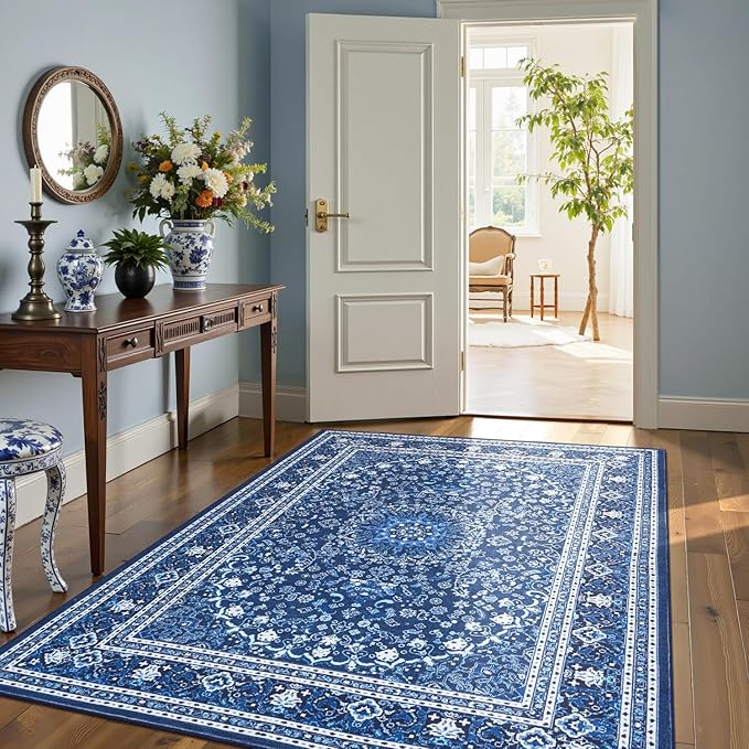 Lofus 6x9 Area Rugs for Living Room, Machine Washable Non-Slip Area Rug, Low Pile Large Rugs for Bedroom, Kitchen, Dining Room, Home Office, Vintage Oriental Print Rug, Dark Blue with White