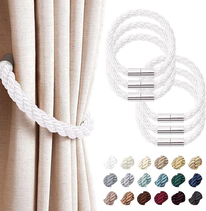 NICEEC 6 Pack Strong Magnetic Curtain Tiebacks Modern Simple Style Drape Tie Backs Convenient Decorative Weave Rope Curtain Holdbacks for Thin or Thick Home & Office Window Draperies (Silver White)