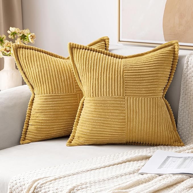 MIULEE Decorative Throw Pillow Covers for Couch Bed Livingroom 18x18 Inch Set of 2 Gold Boho Accent Throw Pllows Broadside Striped Patchwork Soft Corduroy Summer Pillowcases