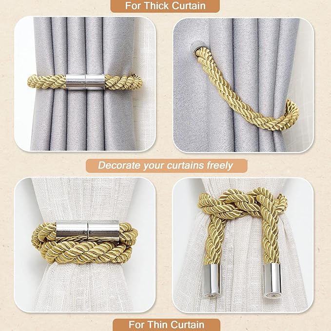 NICEEC 6 Pack Strong Magnetic Curtain Tiebacks Modern Simple Style Drape Tie Backs Convenient Decorative Weave Rope Curtain Holdbacks for Thin or Thick Home & Office Window Draperies (Gold)