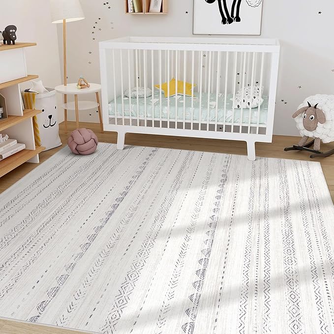 Nakagishi 5x8 Area Rug Living Room: Washable Boho Large Neutral Soft Farmhouse Rugs Stain Resistant Modern Indoor Floor Non-Slip Carpet for Bedroom Nursery Kids Playroom Office Dining Room Dorm- Gray