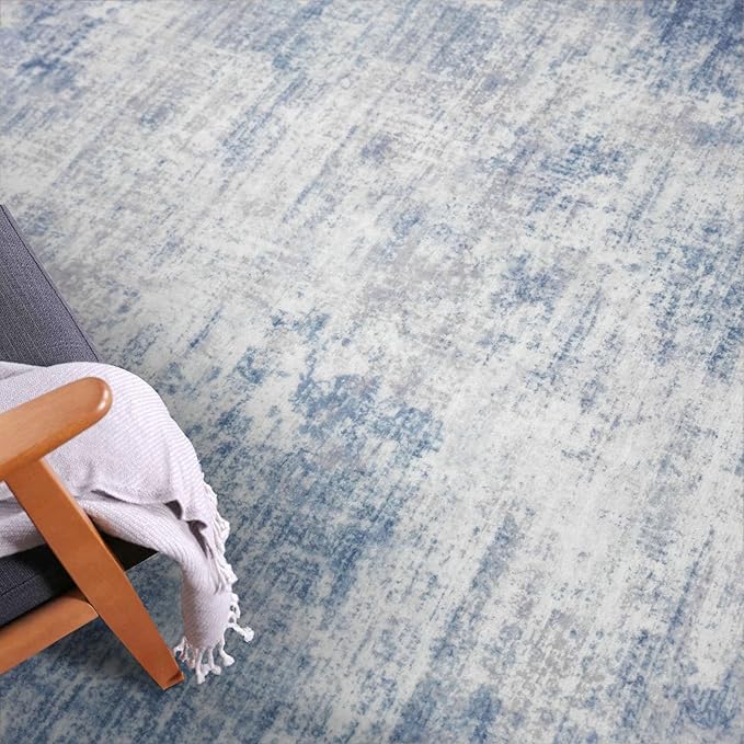 IOHOUZE Abstract Area Rugs 9x12 Ft Washable Large Rugs for Living Room, Non Slip Dining Room Rug, Printed Faux Wool Rugs for Bedroom, Floor Carpet for Office Nursery Playroom, Light Blue Grey