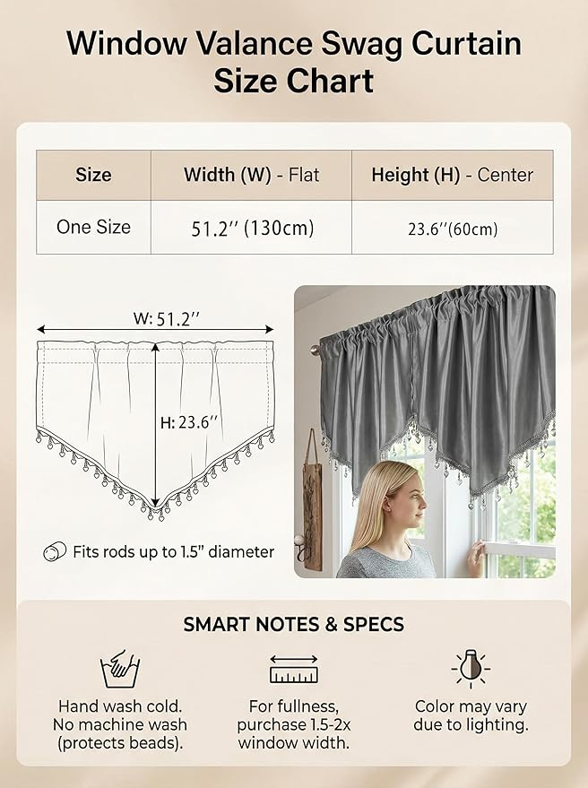 Molaxhome Swag Curtain 51 inch Length Rod Pocket Scalloped Curtain Valance Sheer Lace Panels with Hanging Crystal Beads for Kitchen Bedroom Window Treatments Drape Decor 1pc (Cloth Grey, 51Wx23L)