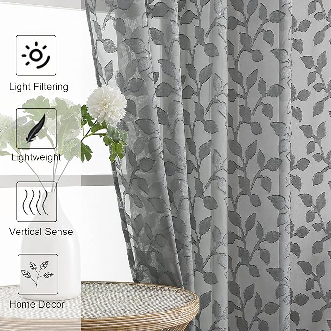 Chyhomenyc Charcoal Grey Sheer Curtains 90 Inch Length 2 Panels Set, Light Filtering Tufted Textured Soft Airy Rod Pocket Gentle Leaf Window Treatment Drapes for Bedroom Living Room, 42" Wx90 L, 2PCS