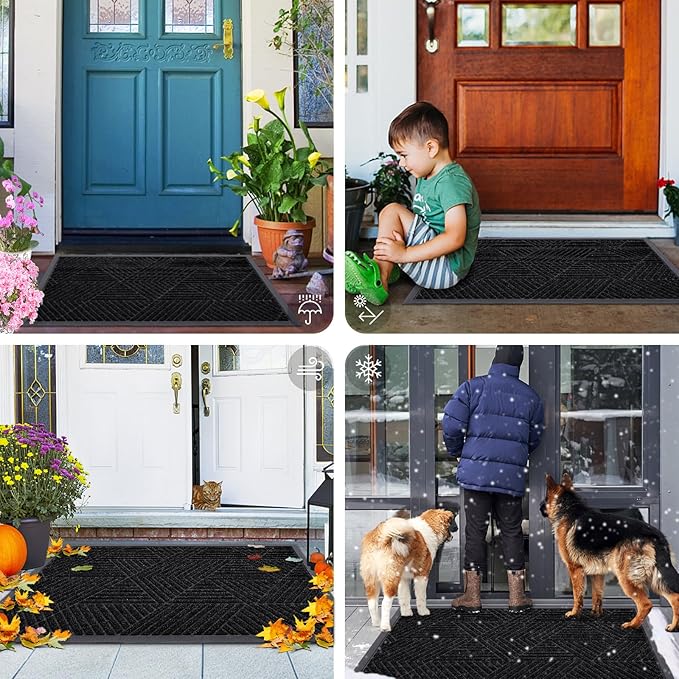Smiry Front Door Mat Outside Entrance, Heavy Duty Sturdy Natural Rubber Doormat, Trap Dirt and Moisture, Easy Clean Low Profile Welcome Floor Mats for Indoor Outdoor Entry, 59x34 Inch, Black