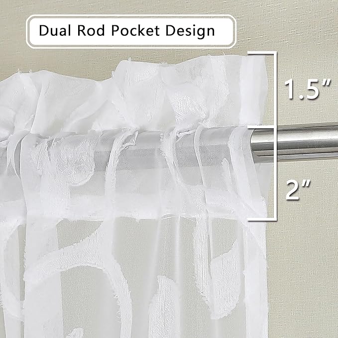 OWENIE Furman White Sheer Curtains 54 Inch Length 2 Panels Set for Living Room Bedroom, Airy Jacquard Clip Short Curtains for Small Window, Modern Rod Pocket Bathroom Window Curtain Each 42W inch 54L