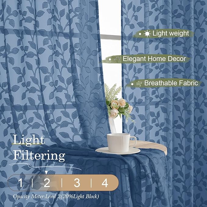 Chyhomenyc Dusty Blue Sheer Curtains 96 Inch Length 2 Panels Set, Light Filtering Tufted Textured Soft Airy Rod Pocket Gentle Leaf Window Treatment Drapes for Bedroom Living Room, 52" Wx96 L, 2PCS