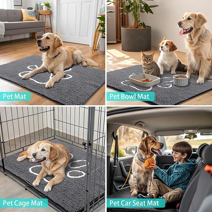 Smiry Dog Door Mat for Muddy Paws, Absorbent Dirt Trapper Non Slip Quick Dry Washable Chenille Mat for Mud Dogs, Entry Rug for Indoor and Outdoor (70x35 Inches, Dark Grey and White)