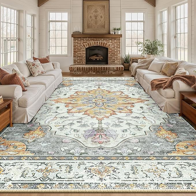 RELEANY Area Rugs 10'x14' Washable Non-Slip, Floral Vintage Distress Print Pattern Medallion Carpet for Living Room Bedroom Dining Room, Light Yellow Carbon Grey Orange