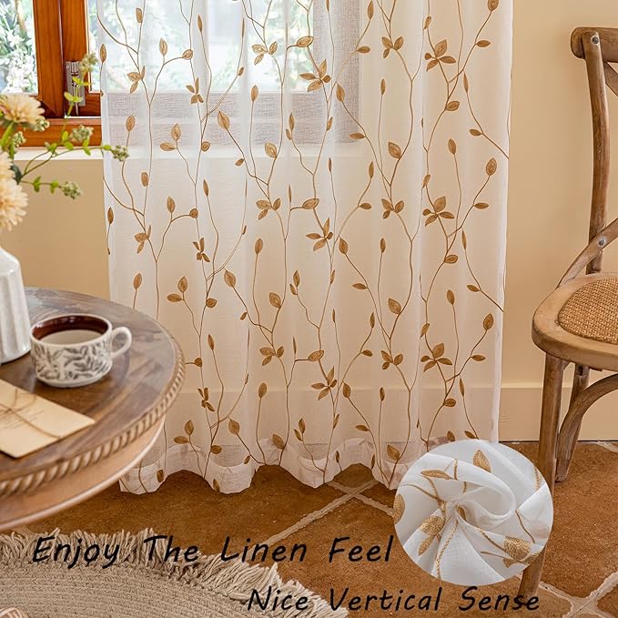 AmHoo 2 Panels Embroidered Leaf Pattern Semi Sheer Curtains Foliage Floral Voile Window Draperies Treatment for Bedroom Living Room Rod Pocket White Taupe 53 x 84 Inch