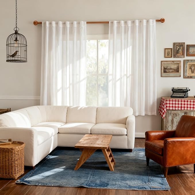 MYSKY HOME White Sheer Curtains 63 inch length Semi Sheer Curtains for Bedroom Light Filtering Short Window Treatment Privacy Protect Drapes Set, Back Tab Boho Farmhouse Linen Soft, 50" Wide, 2 Pieces
