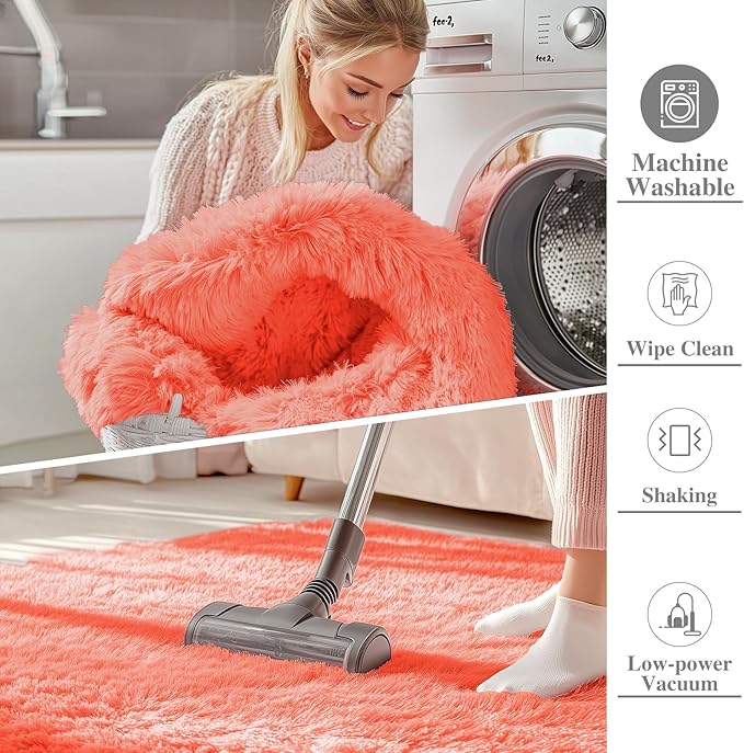 OLANLY 9x12 Machine Washable Large Area Rugs for Living Room, Bedroom, Soft Fluffy Shaggy Bedside Rug, Indoor Floor Carpet for Kids Girls and Boys, Dorms, Nursery, Home Decor, Coral Red