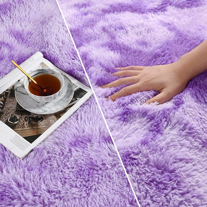 Deerhoo Large Shag Area Rugs 5 x 8, Tie-Dyed Plush Fuzzy Rugs for Living Room, Ultra Soft Fluffy Furry Rug for Bedroom, Indoor Carpet Nursery Rugs for Kids Room Home Decor, Purple