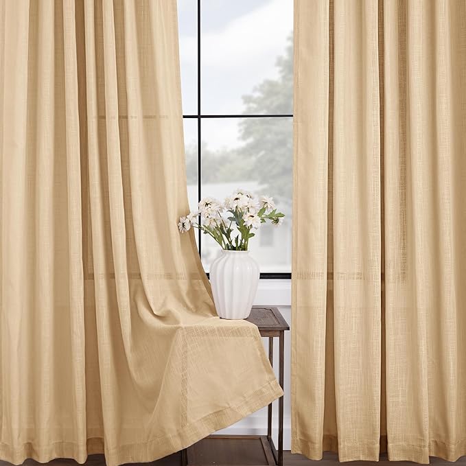 Tan Linen Curtains 120 inches Long for Living Room Back Tab Rustic Farmhouse Semi Sheer Light Filtering Window Curtain Dining Room Soft Thick Flax Linen Textured Drapes Kahki 52x120