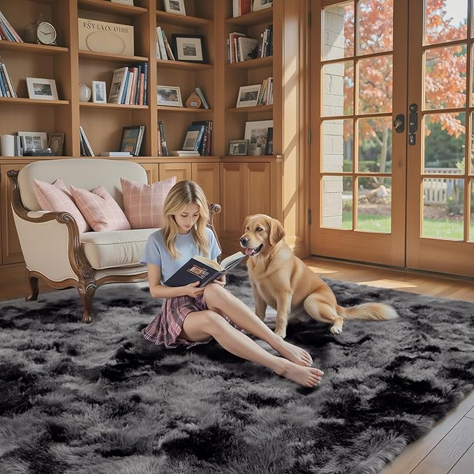 8x10 Area Rugs for Living Room Bedroom, Large Area Rug Shag Shaggy Carpet Soft Plush Furry Bedside Rug, Rugs for Home Decor (Dark Grey Tie-Dyed, 8 x 10 Feet)