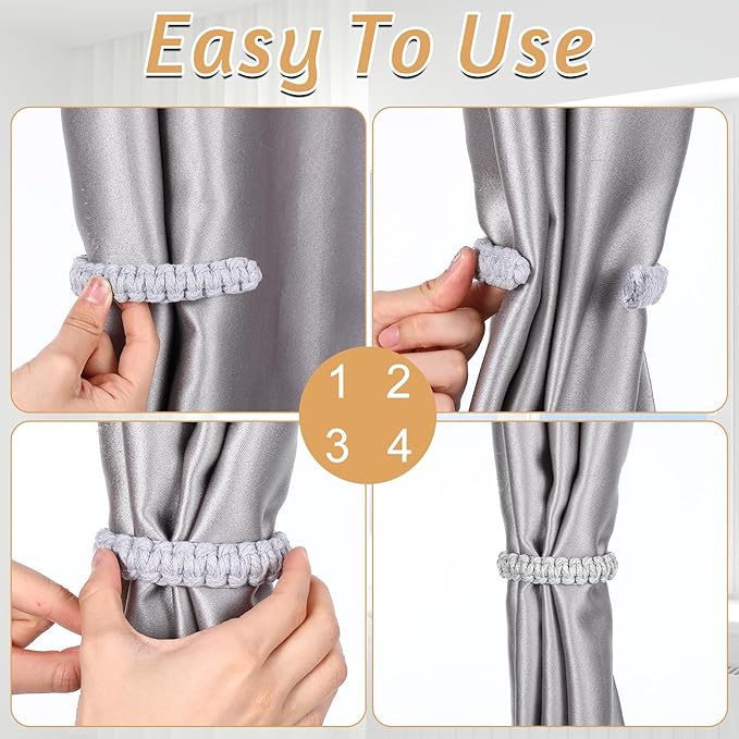 Ptwola 6 Pack Braided Curtain Tiebacks Boho Elegant Rustic Curtain Holdbacks Tie Backs Holders Set Simple Light Weight Drapes Decorative Accessories Handmade for Home Office Bedroom Window (6, Gray)