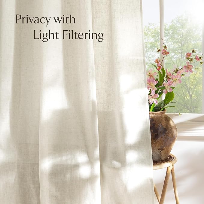 NICETOWN Natural Linen Curtains 96 inch Length 2 Panels, Rod Pocket & Back Tab Linen Blend Semi Sheer Privacy with Light Filtering Drapes for Bedroom/Living Room, W52 x L96
