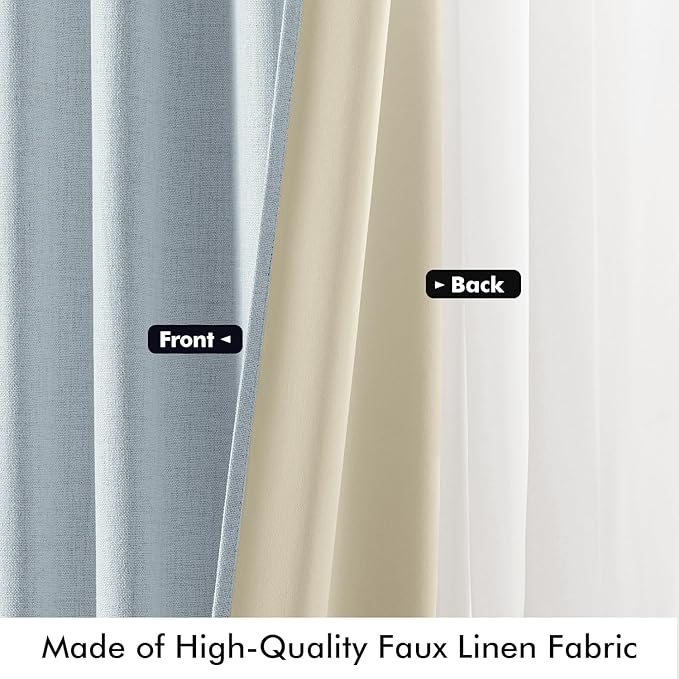 MIULEE 100% Blackout Linen Curtains for Bedroom, Chambray Blue Solid Luxury Decor Thermal Insulation Room Darkening Drapes for Living Room Nursery Back Tab Rod Pocket 42 x 63 Inches, 2 Panels