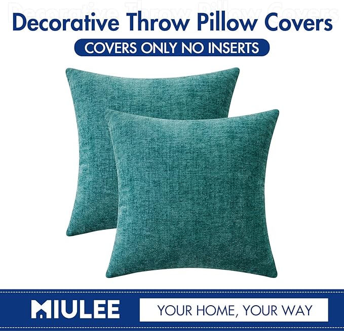 MIULEE Pack of 2 Teal Throw Pillow Covers 16x16 Inch Soft Chenille Pillow Covers for Sofa Living Room Couch Solid Dyed Cases