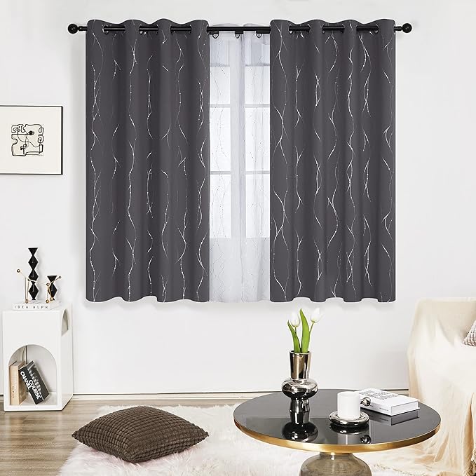 Deconovo Short Curtains Grey, Blackout Kitchen Curtain, Thermal Insulated Soundproof Drapes, Wave Dots Foil Print, 52 x 54 Inches, 2 Panels, Machine‑Washable Privacy Window Panel for Small Windows