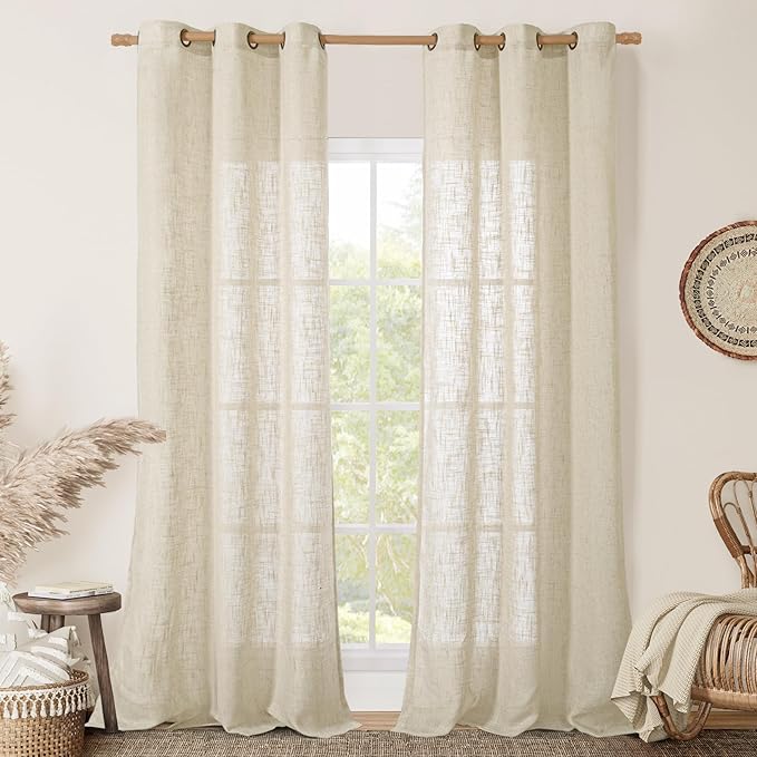 LAMIT Beige Linen Curtains 84 Inch for Living Room 2 Panels, Linen Textured Light Filtering Semi Sheer Bronze Grommet Farmhouse Curtain Panels for Bedroom/Farmhouse, 34 x 84 Inch