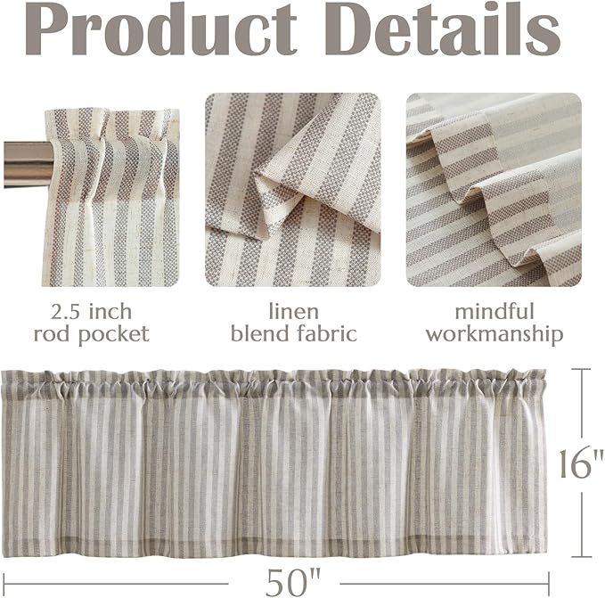 jinchan Valance Curtain Linen Textured Striped Window Curtain for Living Room Light Filtering Farmhouse Valance for Kitchen Rod Pocket 1 Panel 16 Inch Taupe Grey on Linen 1 Panel