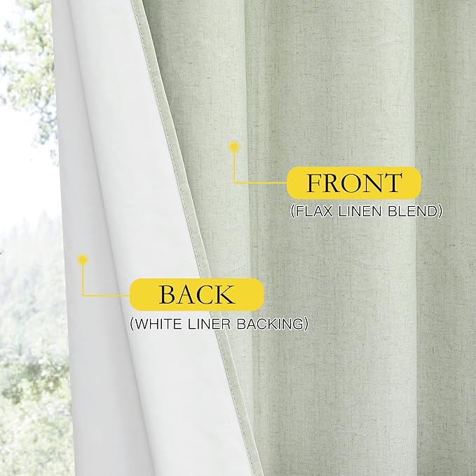 NICETOWN Sage Green Linen Blackout Curtains for Night Shift, Great Job, Set of 2, 42" by 45", Short Kitchen Burlap Linen 100% Blackout Drape Panels with Bronze Grommets for Blocking Light