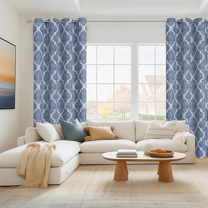 Beauoop 100% Blackout Curtains 72 Inches Long 2 Panels for Bedroom Living Room Blue Moroccan Geo Room Darkening Thermal Insulated Soundproof Grommet Top Window Treatments Drapes, 50x72 Set of 2