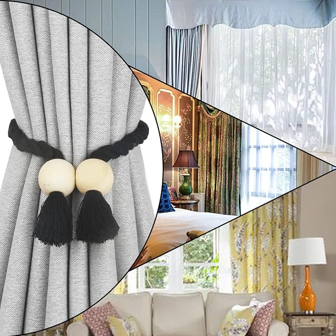 2 Pack Magnetic Curtain Tiebacks Cotton Hand Woven Tie Back Decorative Rope Holdbacks for Curtains Draperies No Tools Required, Black