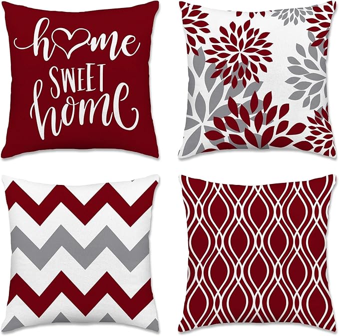 Hexagram Geometric Burgundy Pillow Covers 16x16 Set of 4, Decorative Outdoor Boho Modern Throw Pillow Covers, Home Sweet Home Farmhouse Cushion Case for Couch Sofa Bedroom Indoor Decor(No Insert)
