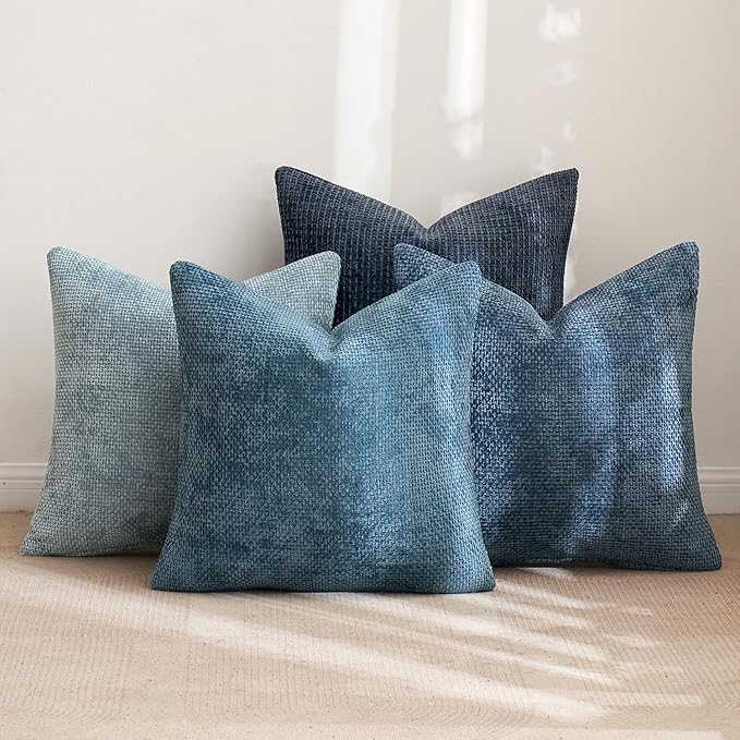 MIULEE Pack of 4 Couch Throw Pillow Covers 18x18 Inch Neutral Blue Soft Decorative Chenille Pillow Covers Farmhouse Accent Cushion Covers for Boho Western Spring Coastal Decor Sofa Bed Living Room