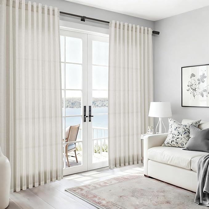 Nanspring Mousse White Linen Curtains 96 Inches Long for Living Room Simple Modern Luxury Light Filtering Semi Sheer Curtain Back Tab Neutral Coastal Decor Drapes for Bedroom Office 52x96, 2 Panels