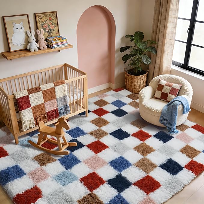 Shag Area Rug for Bedroom Living Room,6x9 Fluffy Soft Colorful Checkered Rug Fuzzy Shaggy Bedroom Carpet,Indoor Plush Floor Rugs for Kids Boys Girls Teen Dorm Nursery Home Decor