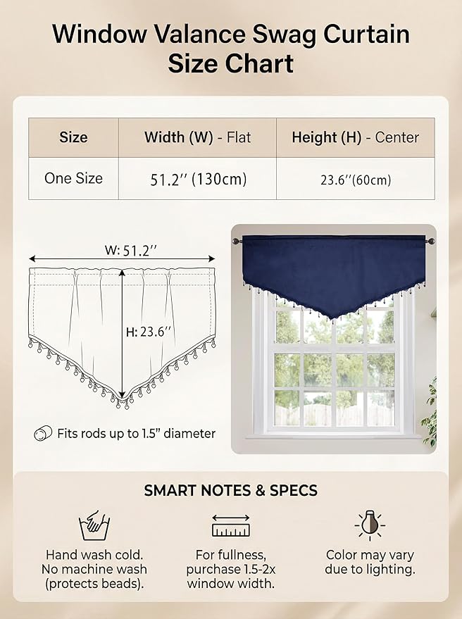 Molaxhome Swag Curtain 51 inch Length Rod Pocket Scalloped Curtain Valance Sheer Lace Panels with Hanging Crystal Beads for Kitchen Bedroom Window Treatments Drape Decor 1pc (Cloth Navy, 51Wx23L)