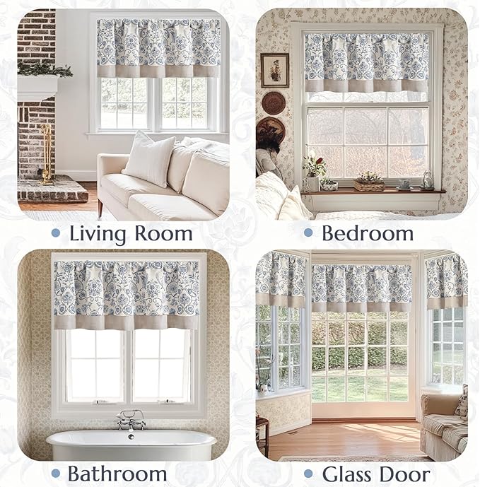 jinchan Linen Valance Kitchen Curtain for Windows Double Layer 18 Inch for Living Room Bedroom Window Treatment Light Filtering Vintage Rustic Farmhouse Cottagecore Rod Pocket 1 Panel Blue on Beige