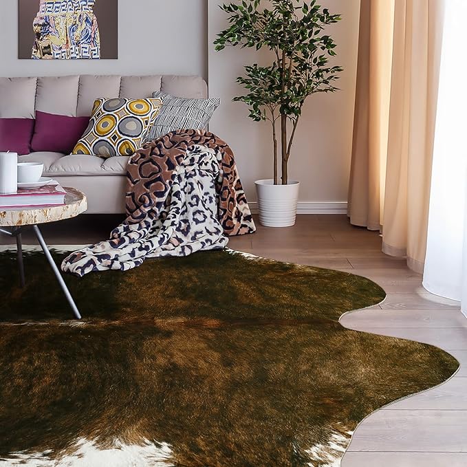 AROGAN Faux Cow Print Rug Large (6ft x 7ft) - Cow Print Area Rug with No-Slip Backing, Large Animal Skin Rugs for Living Room, Offfice, Room Decor, Saddle Brown