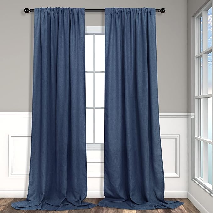 Navy Curtains 96 Inches Long for Kids Room 2 Panel Back Tab Pocket Drape Soft Cotton Textured Light Filtering Semi Privacy Sheer Dark Blue Linen Curtains for Living Room Boys Bedroom 52x96 Inch Length