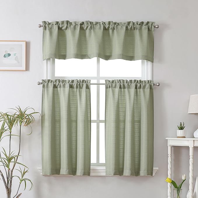 Chyhomenyc Light Green Valance for Windows, Light Filtering Faux Linen Textured Small Kitchen Window Curtain, Rod Pocket Short Valance for Bathroom Laundry Basement, 60Wx14L inch, 1 Piece