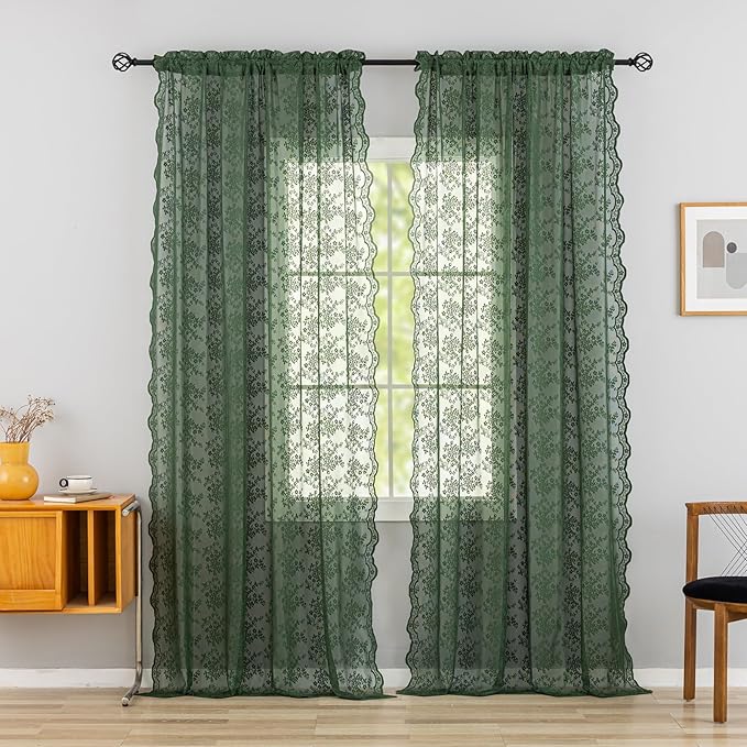 YJ YANJUN Vintage Lace Curtains 84 Inches Long- Country Olive Green Boho Sheer Curtains for Living Room Bedroom Scalloped Light Filtering Christmas Décor 2 Panels Set W52 X L84 Dark Forest